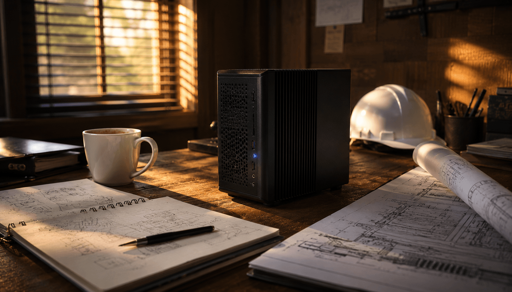 A configured AI workstation on an oak desk in late afternoon light, surrounded by project drawings and a hard hat