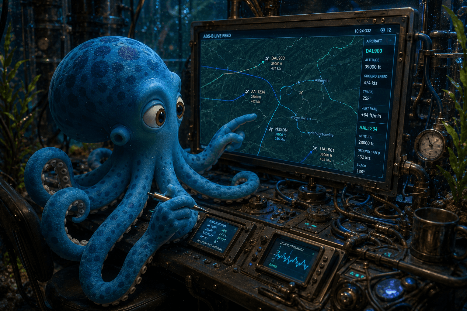 Octo at a live ADS-B aircraft tracking console — the adsb-decode operator interface