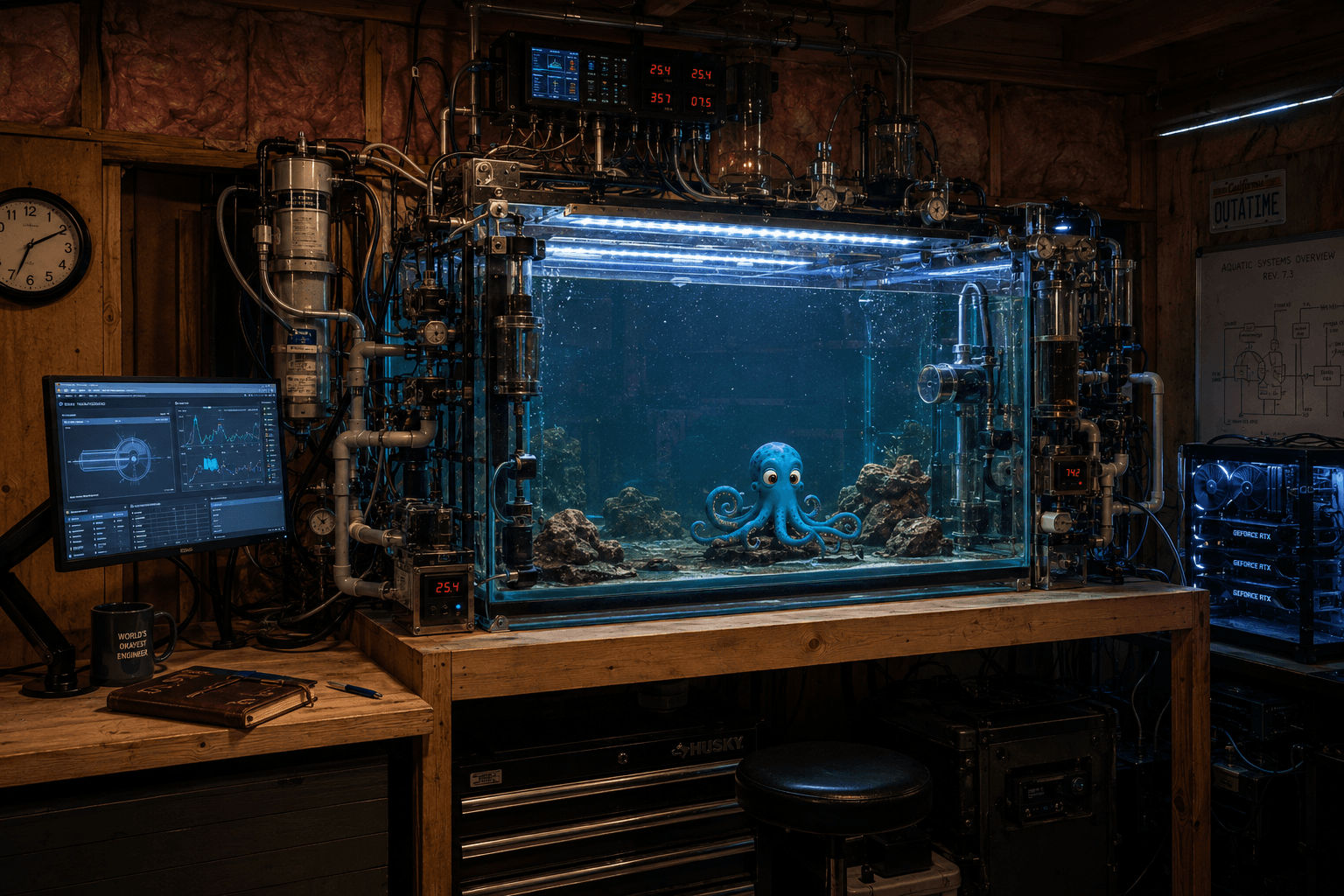 Octo's gigantic absurd aquarium retrofit in the workshop — GPU rig glowing on the right, monitor with dashboards on the left