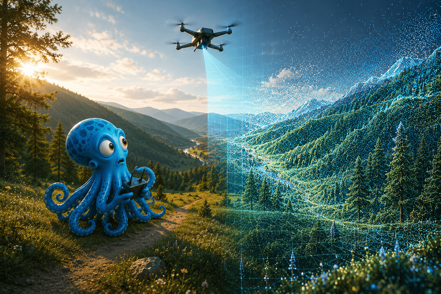 Octo flying a drone over a real mountain valley as it transforms into a photo-realistic 3D point-cloud world — the Splatlas reality-capture pipeline